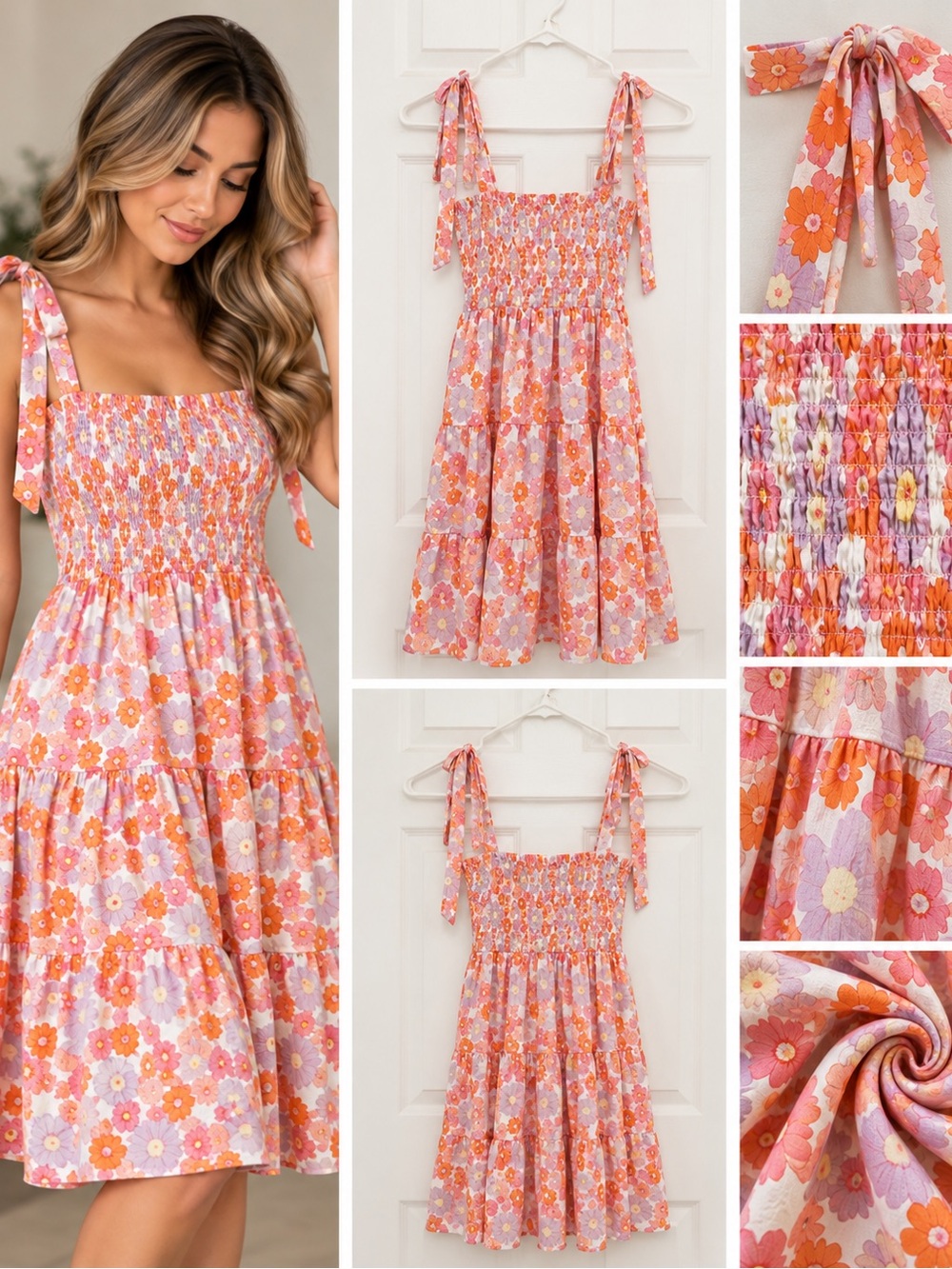 Pink Lily Pink & Orange Floral Tie-Strap Smocked Sundress